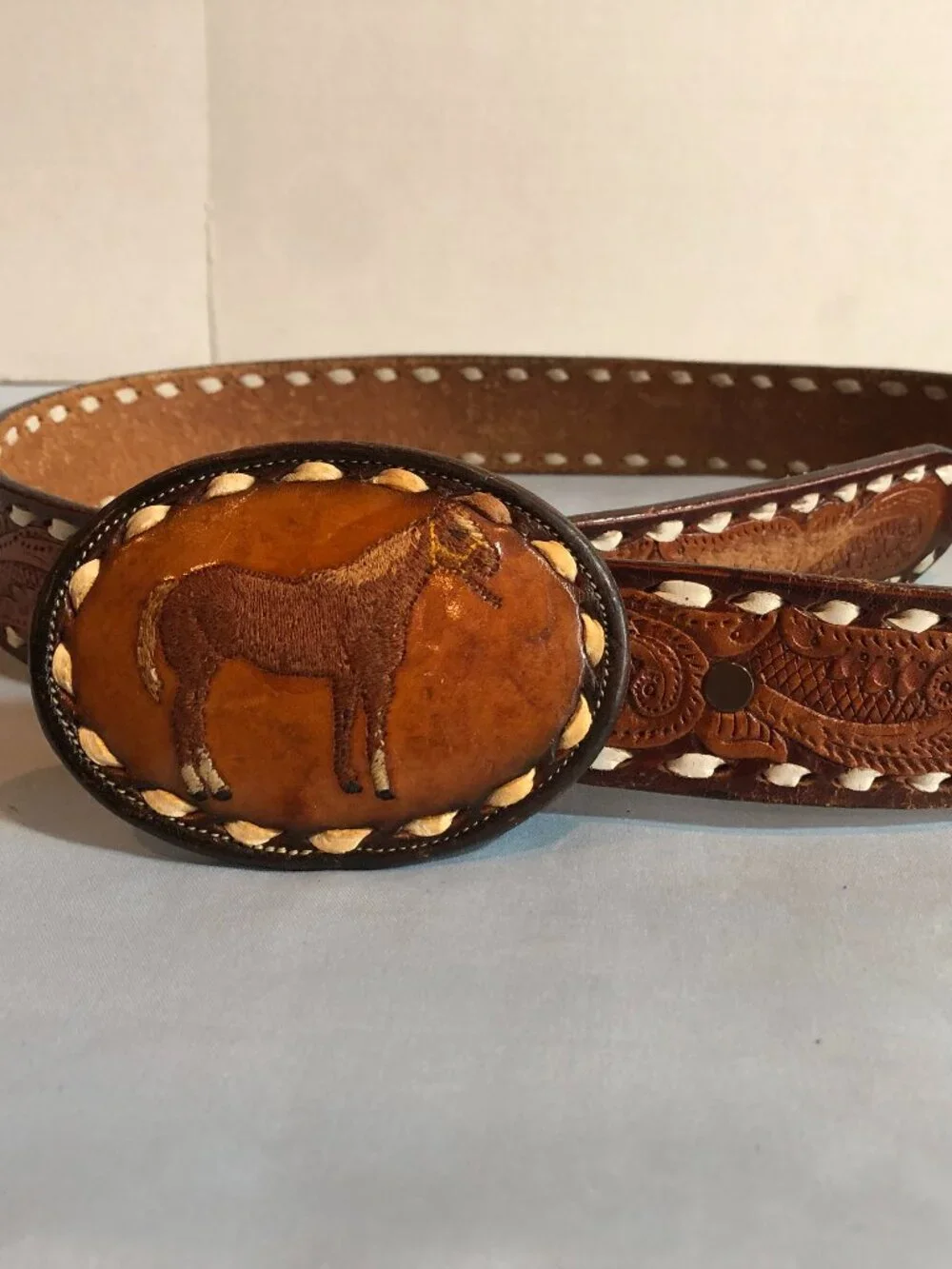 VINTAGE TONY LAMA 4814 Stitched LEATHER HORSE Belt Buckle Belt #F44